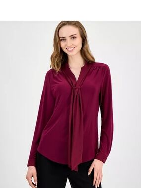 Anne Klein Burgundy Tie-Neck Long-Sleeve Blouse